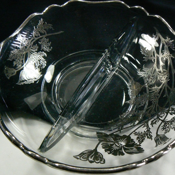VINTAGE SILVER CITY FLANDERS FLOWERS ON CLEAR GLASS DIVIDED BOWL PLATE DISH - Picture 3 of 4